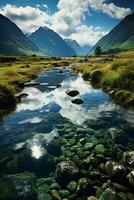 lindo gramíneo montanhas com brilhante azul fluindo luzes. ai generativo foto