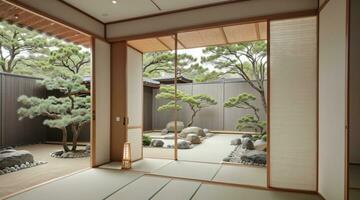 3d render minimalista do japonês quarto do zen jardim foto