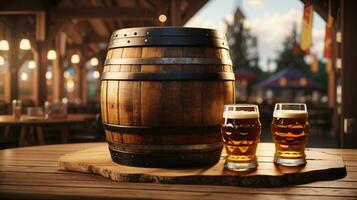 realista oktoberfest Cerveja barril com Cerveja óculos em de madeira mesa foto