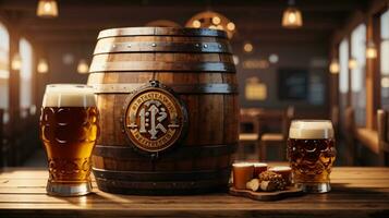realista oktoberfest Cerveja barril com Cerveja óculos em de madeira mesa foto