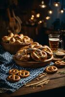 oktoberfest arranjo com delicioso pretzel e Cerveja festival foto