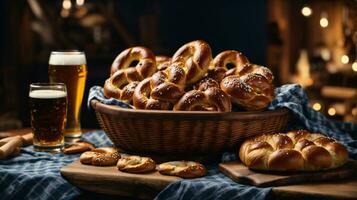 oktoberfest arranjo com delicioso pretzel e Cerveja festival foto