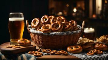 oktoberfest arranjo com delicioso pretzel e Cerveja festival foto