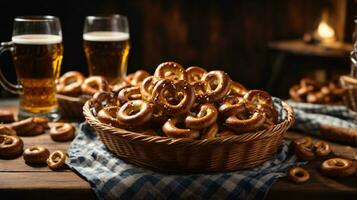 oktoberfest arranjo com delicioso pretzel e Cerveja festival foto