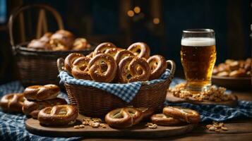 oktoberfest arranjo com delicioso pretzel e Cerveja festival foto