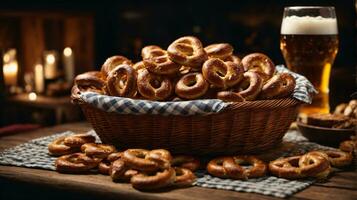 oktoberfest arranjo com delicioso pretzel e Cerveja festival foto