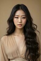 lindo grandes cabelo coreano mulher vestindo faço acima foto