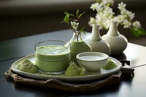 matcha verde chá servido em a mesa foto