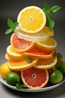 citrino fruta fatias em pé em uma branco fundo foto