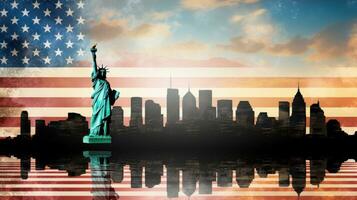 silhueta do Novo Iorque Horizonte com americano bandeira generativo ai foto