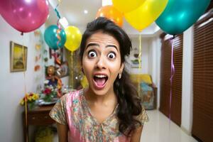 indiano mulher com chocante face dentro aniversário festa generativo ai foto