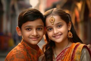 fechar-se do indiano irmão e irmã dentro Rakhsa bandhan generativo ai foto