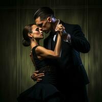 uma casal vestindo Preto pano fazendo tango dança generativo ai foto