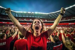 uma futebol apoiante mulher torcendo dentro estádio às noite generativo ai foto