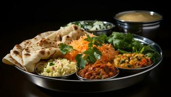 vários indiano Comida prato em thali em Sombrio fundo generativo ai foto