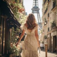costas Visão do uma mulher dentro verão vestir dentro Paris generativo ai foto