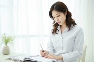 uma fofa japonês mulher escrevendo em caderno dentro dela casa generativo ai foto