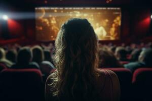 costas Visão do uma jovem menina assistindo a filme dentro uma filme teatro generativo ai foto