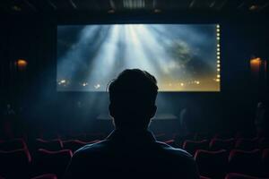 costas Visão do uma jovem homem assistindo a filme dentro uma filme teatro generativo ai foto