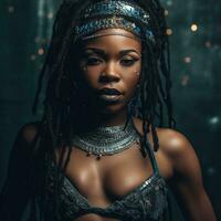 uma lindo Preto mulher com grandes dreads generativo ai foto