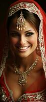uma moderno indiano noiva dentro vermelho Casamento lehnga sorridente fechar-se generativo ai foto