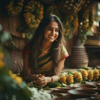 uma lindo sul indiano menina sentado e fazer flores festão generativo ai foto