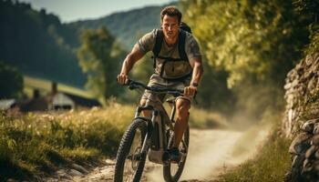 jovem adulto equitação a elétrico bicicleta generativo ai foto