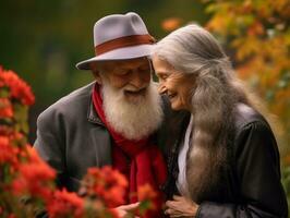 amoroso velho casal é desfrutando uma romântico outono dia ai generativo foto