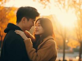 amoroso ásia casal é desfrutando uma romântico outono dia ai generativo foto
