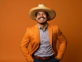 mexicano homem dentro brincalhão pose em sólido fundo ai generativo foto