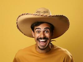 mexicano homem dentro brincalhão pose em sólido fundo ai generativo foto