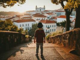 criança goza uma vagaroso passear através a vibrante cidade ruas ai generativo foto