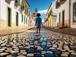 criança goza uma vagaroso passear através a vibrante cidade ruas ai generativo foto