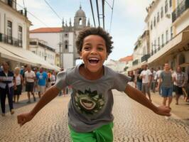 criança goza uma vagaroso passear através a vibrante cidade ruas ai generativo foto