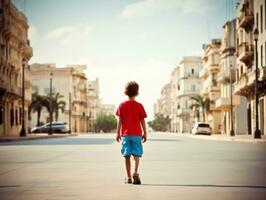 criança goza uma vagaroso passear através a vibrante cidade ruas ai generativo foto