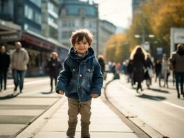 criança goza uma vagaroso passear através a vibrante cidade ruas ai generativo foto