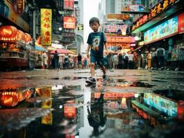 criança goza uma vagaroso passear através a vibrante cidade ruas ai generativo foto