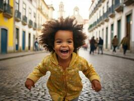 criança goza uma vagaroso passear através a vibrante cidade ruas ai generativo foto