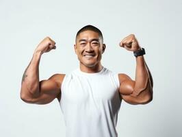 40. ano velho ásia homem dentro emocional pose em branco fundo ai generativo foto