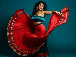 mexicano mulher dentro brincalhão pose em sólido fundo ai generativo foto