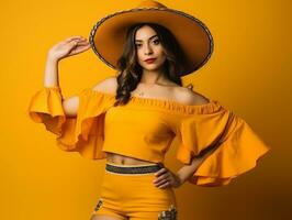 mexicano mulher dentro brincalhão pose em sólido fundo ai generativo foto