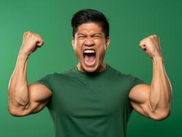 ásia homem dentro emocional dinâmico pose em sólido fundo ai generativo foto