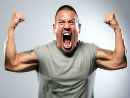 ásia homem dentro emocional dinâmico pose em branco fundo ai generativo foto