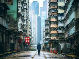 homem goza uma vagaroso passear através a vibrante cidade ruas ai generativo foto