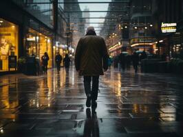 homem goza uma vagaroso passear através a vibrante cidade ruas ai generativo foto