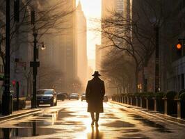 homem goza uma vagaroso passear através a vibrante cidade ruas ai generativo foto