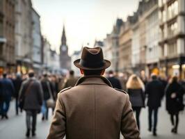 homem goza uma vagaroso passear através a vibrante cidade ruas ai generativo foto