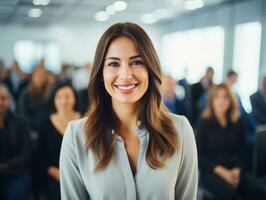 mulher dentro uma o negócio encontro conduzindo com confiança ai generativo foto