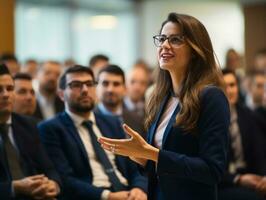 mulher dentro uma o negócio encontro conduzindo com confiança ai generativo foto