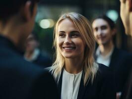 mulher dentro uma o negócio encontro conduzindo com confiança ai generativo foto